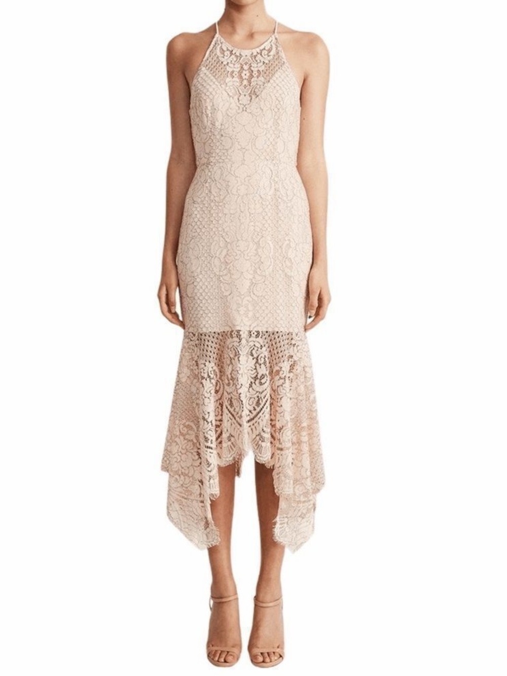 Shona Joy Lace Handkerchief Hem Midi Dress Nude Blush US 8